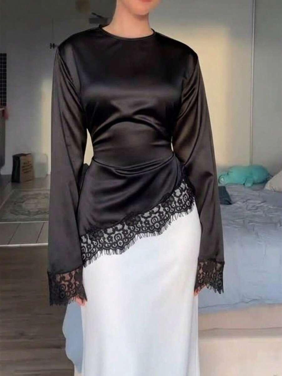 SHEIN CZARNA SATYNOWA BLUZKA DŁUGI RĘKAW S06__XL