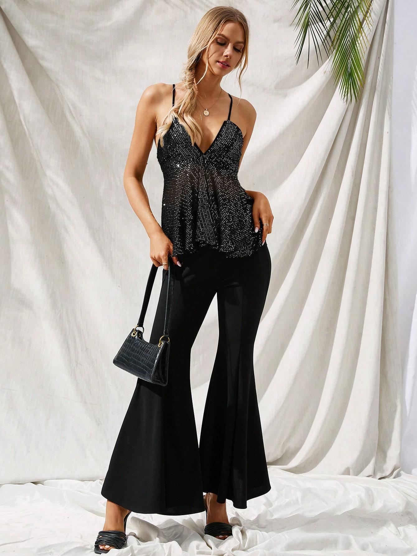 SHEIN CZARNY TOP NA RAMIĄCZKACH CEKINY PK01__XS