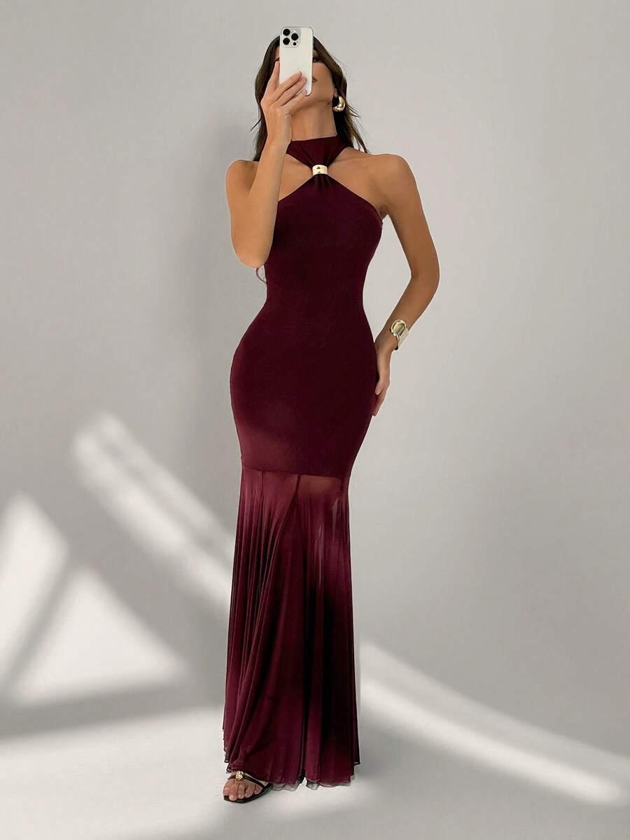 SHEIN FIOLETOWA MAXI SUKIENKA ŁĄCZENIE SIATECZKA S06__L