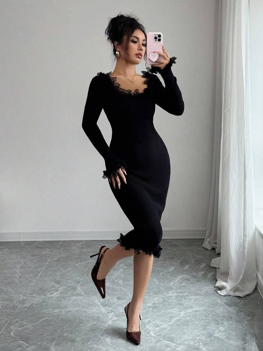 SHEIN CZARNA MIDI SUKIENKA OKRĄGŁY DEKOLT PK01__S