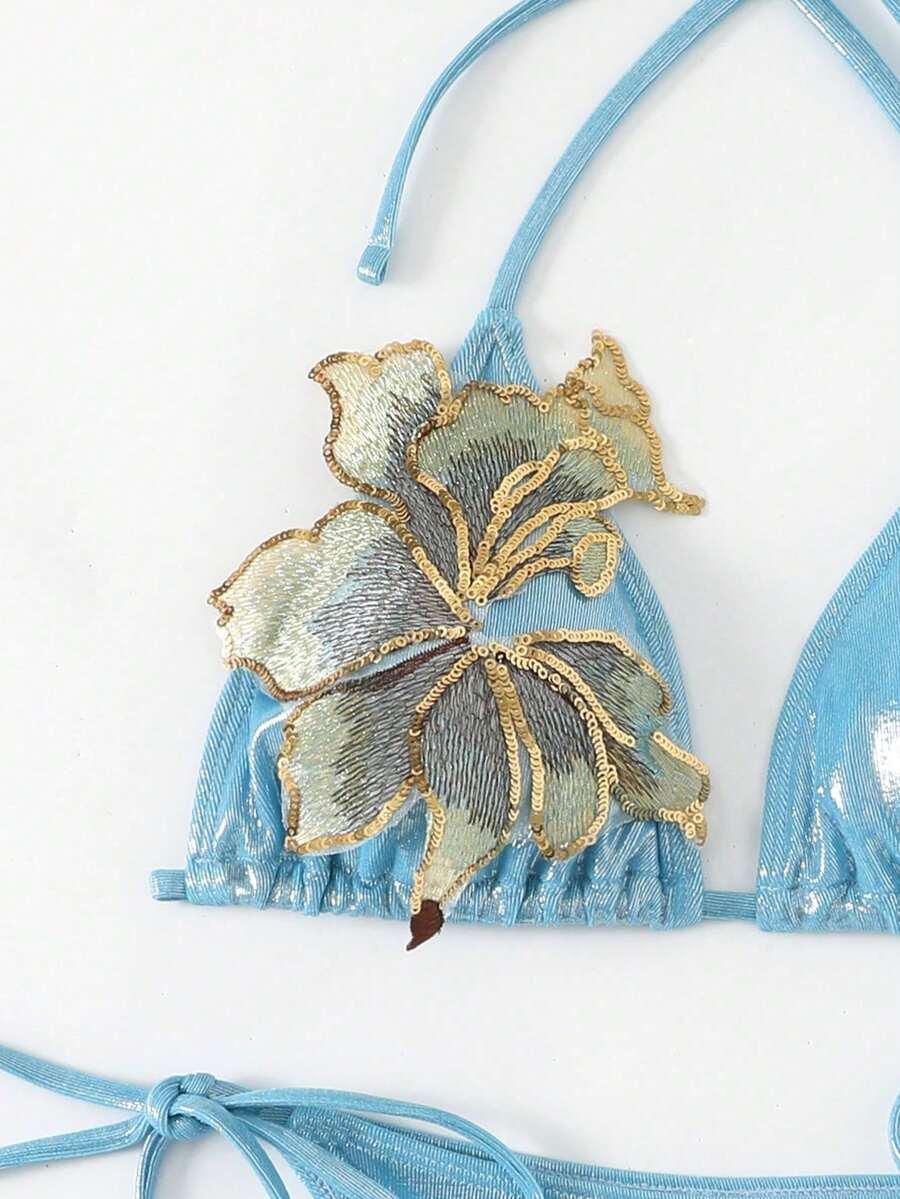 SHEIN NIEBIESKI TRZYCZĘŚCIOWY KOMPLET BIKINI KWIAT 3D S09__M