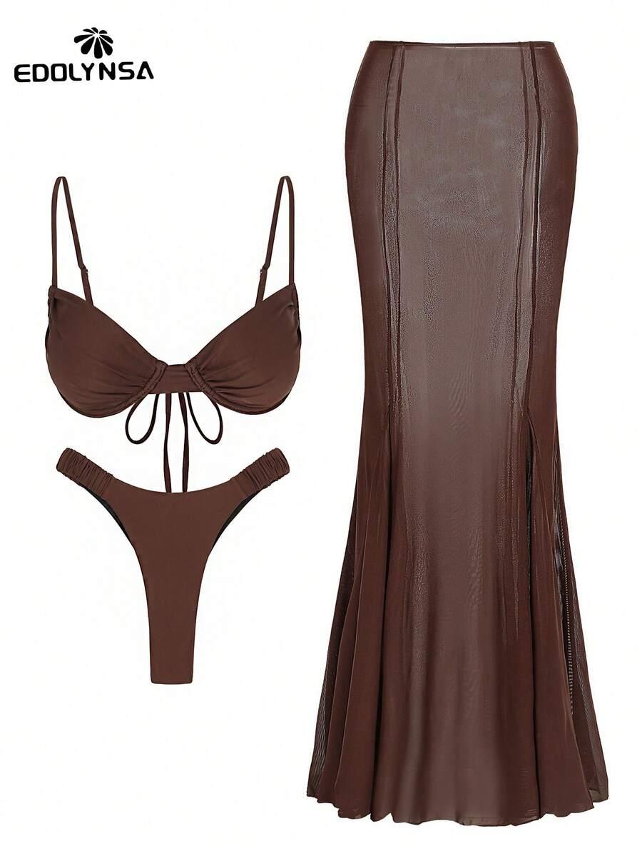 SHEIN BRĄZOWY DWUCZĘŚCIOWY STRÓJ KĄPIELOWY PAREO KOMPLET S09__S