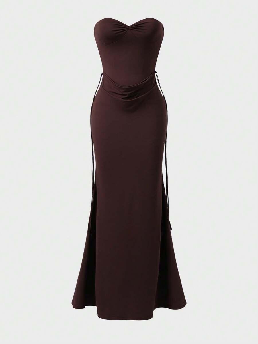 SHEIN BRĄZOWA MAXI SUKIENKA S06__XS