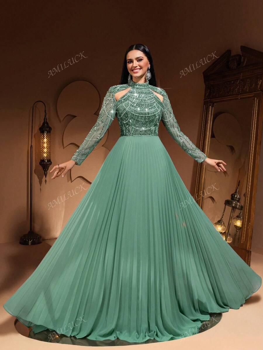SHEIN ZIELONA MAXI SUKIENKA ZDOBIENIE S06__XL