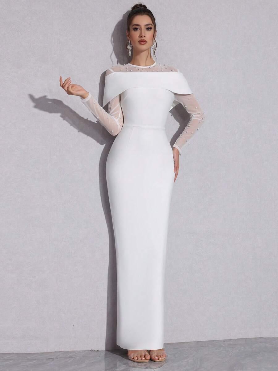 SHEIN BIAŁA MAXI SUKIENKA ZDOBIENIE S06__M