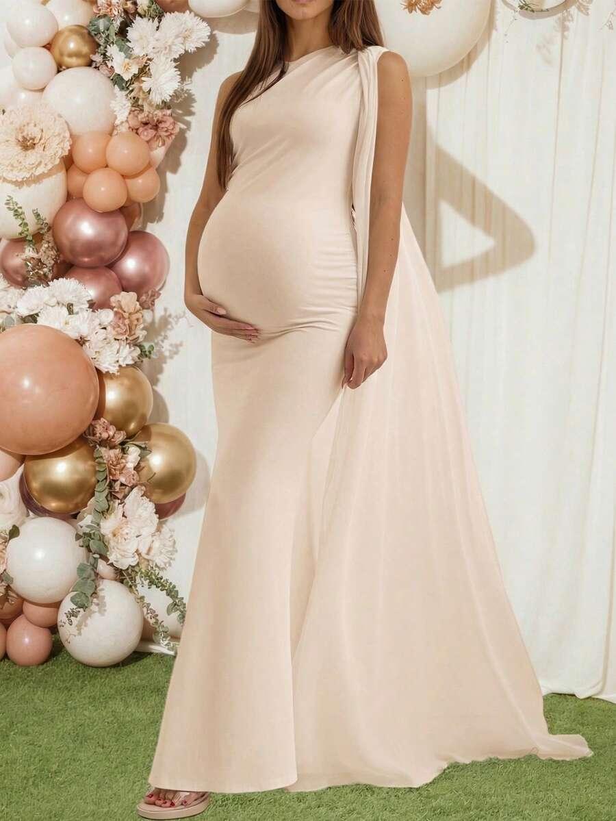 SHEIN BEŻOWA CIĄŻOWA ASYMETRYCZNA MAXI SUKIENKA PK01__S