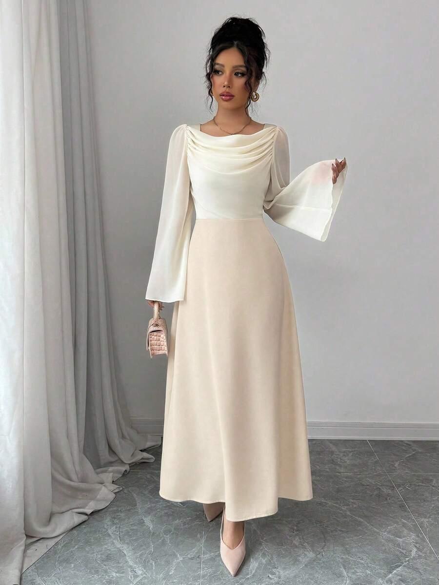 SHEIN KREMOWA MAXI SUKIENKA DŁUGI RĘKAW S06__S