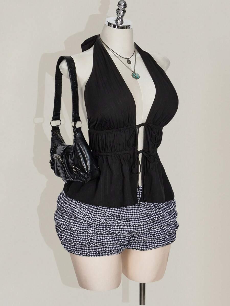 SHEIN CZARNY TOP BEZ RĘKAWÓW WIĄZANIE S06__52