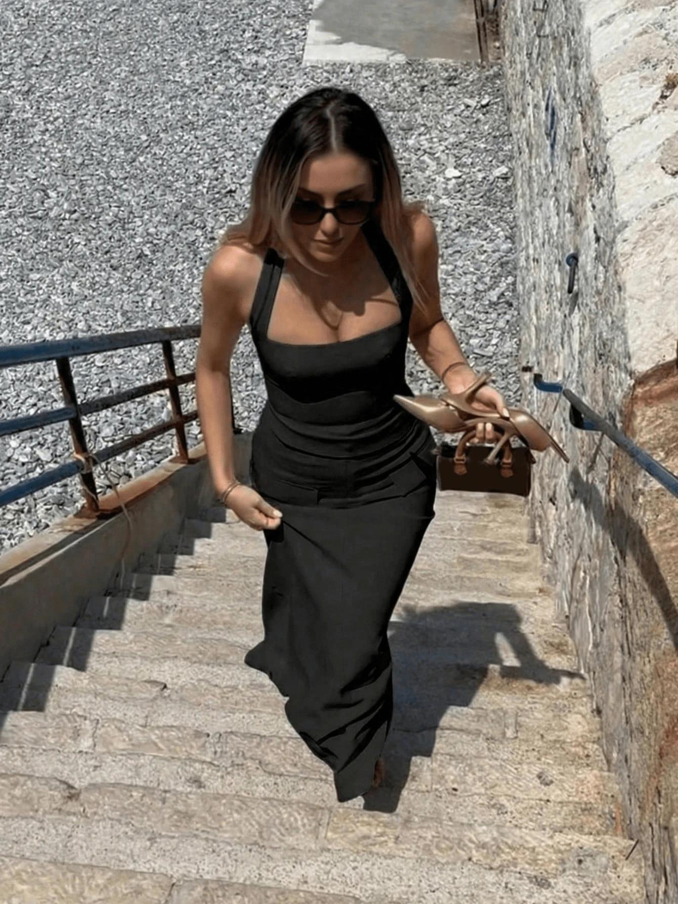 SHEIN CZARNA MAXI SPÓDNICA KLAPY ZAMEK PK01__S