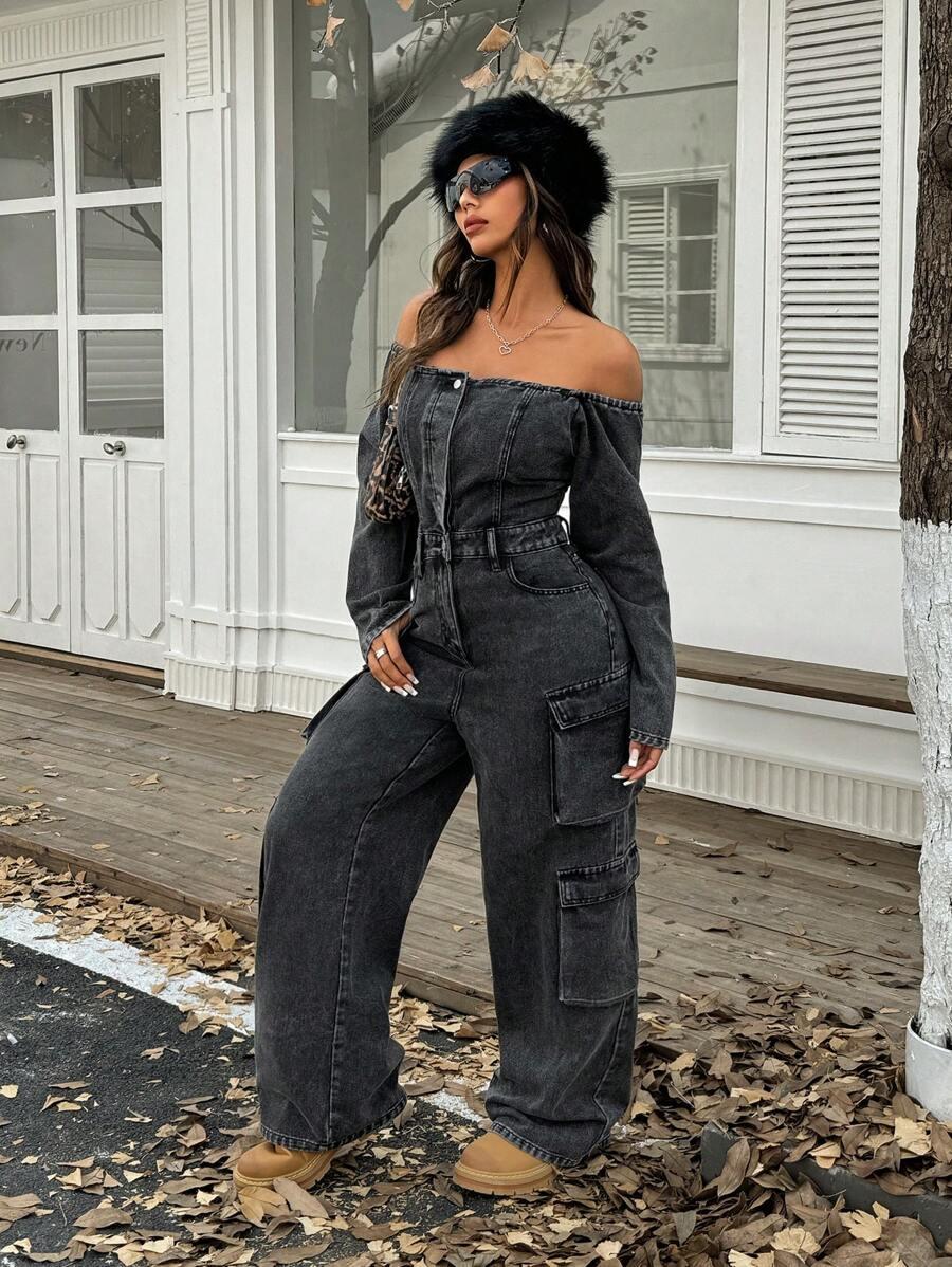 SHEIN CZARNY JEANSOWY KOMBINEZON S06__L