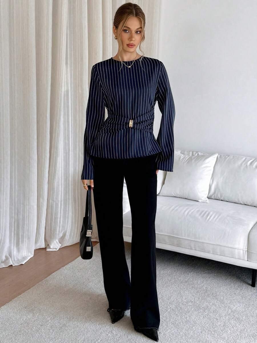 SHEIN GRANATOWA BLUZKA W PASKI S06__S