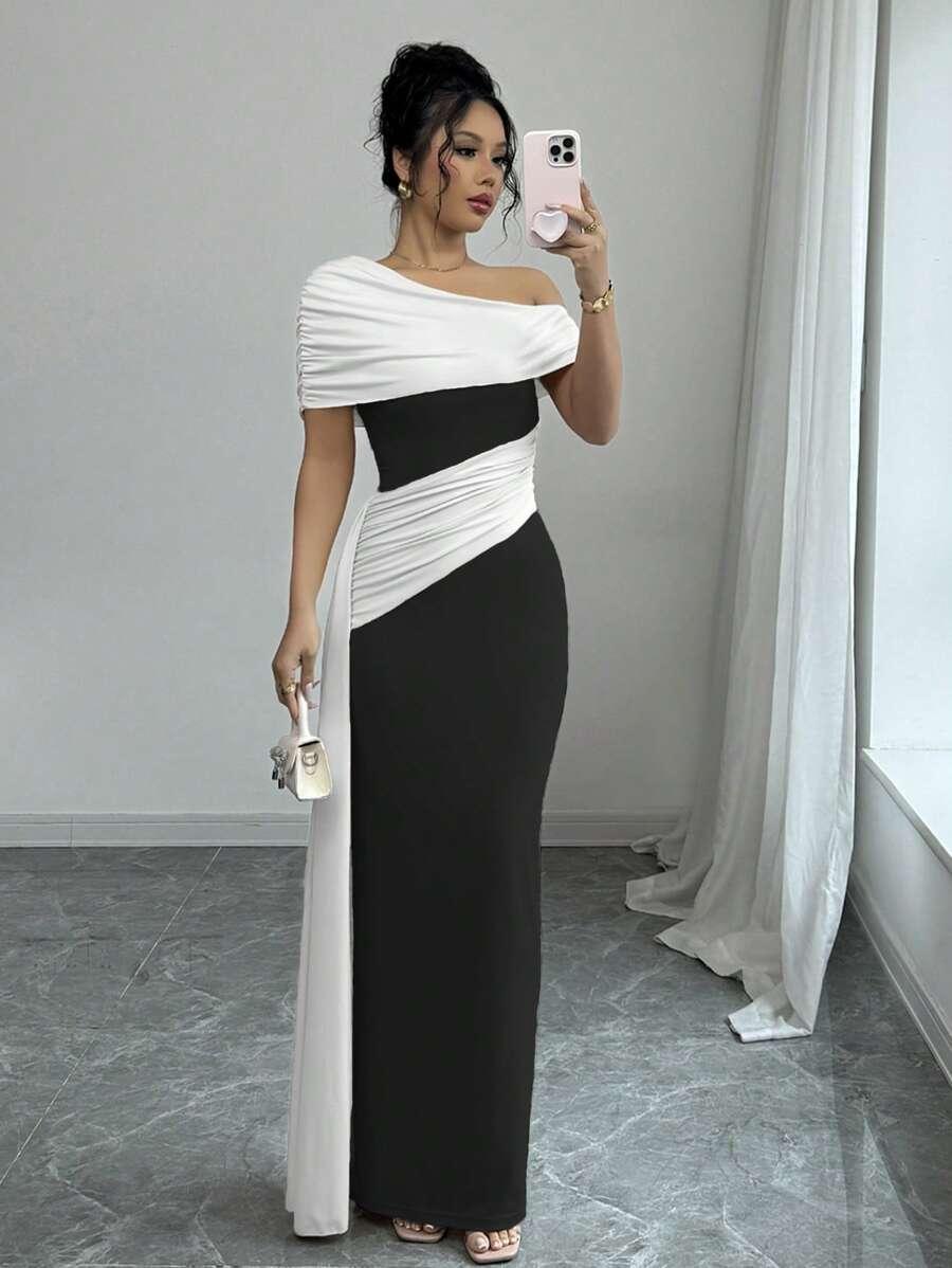 SHEIN MAXI SUKIENKA KONTRAST ASYMETRYCZNY DEKOLT S09__L