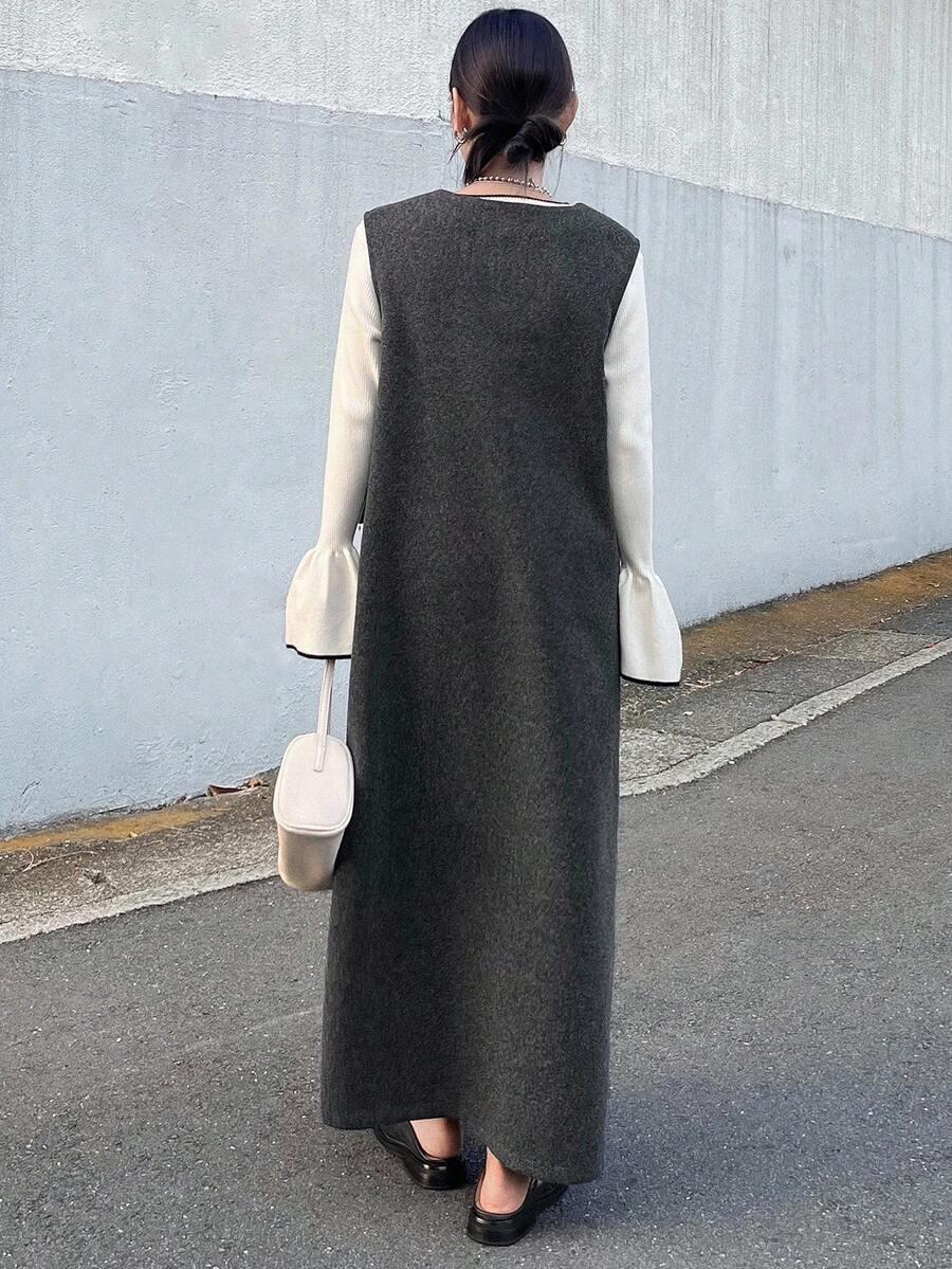 FRIFUL SZARA MAXI SUKIENKA V NECK S06__L