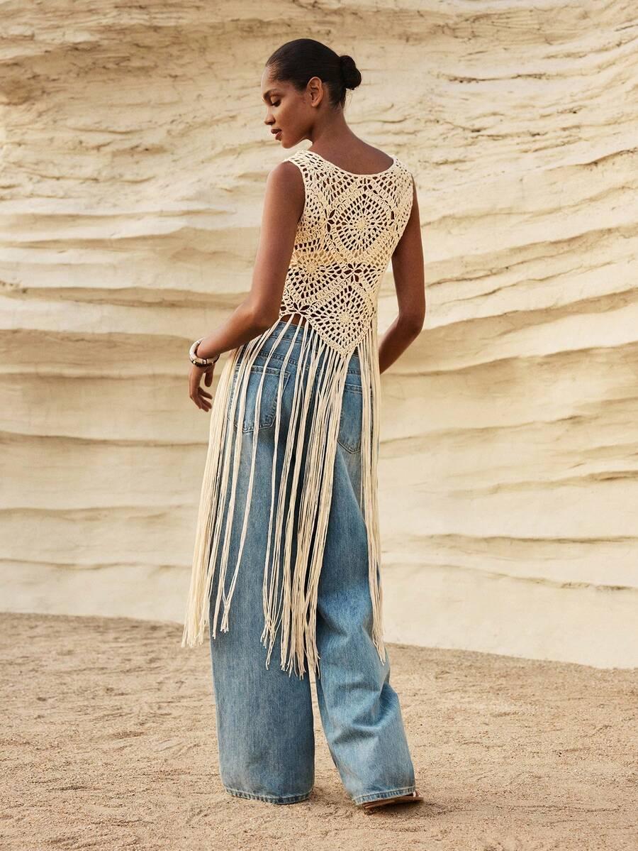 SHEIN BEŻOWY DZIANINOWY TOP FRĘDZLE S06__L