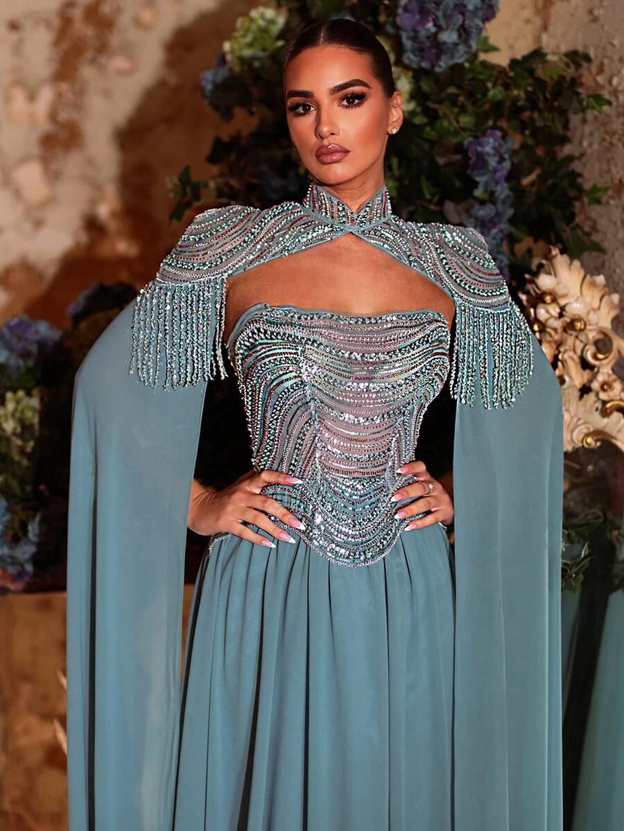 GLAMRAE NIEBIESKA MAXI SUKIENKA ZDOBIENIE S06__M