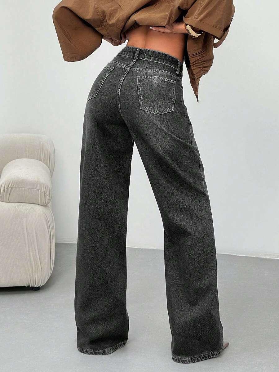 EURMUSE SZARE SPODNIE JEANS PROSTA NOGAWKA WYSOKI STAN S06__M