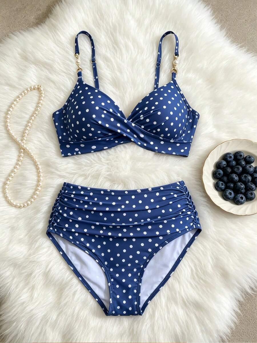 SHEIN NIEBIESKI DWUCZĘŚCIOWY STRÓJ KĄPIELOWY GROSZKI S09__M
