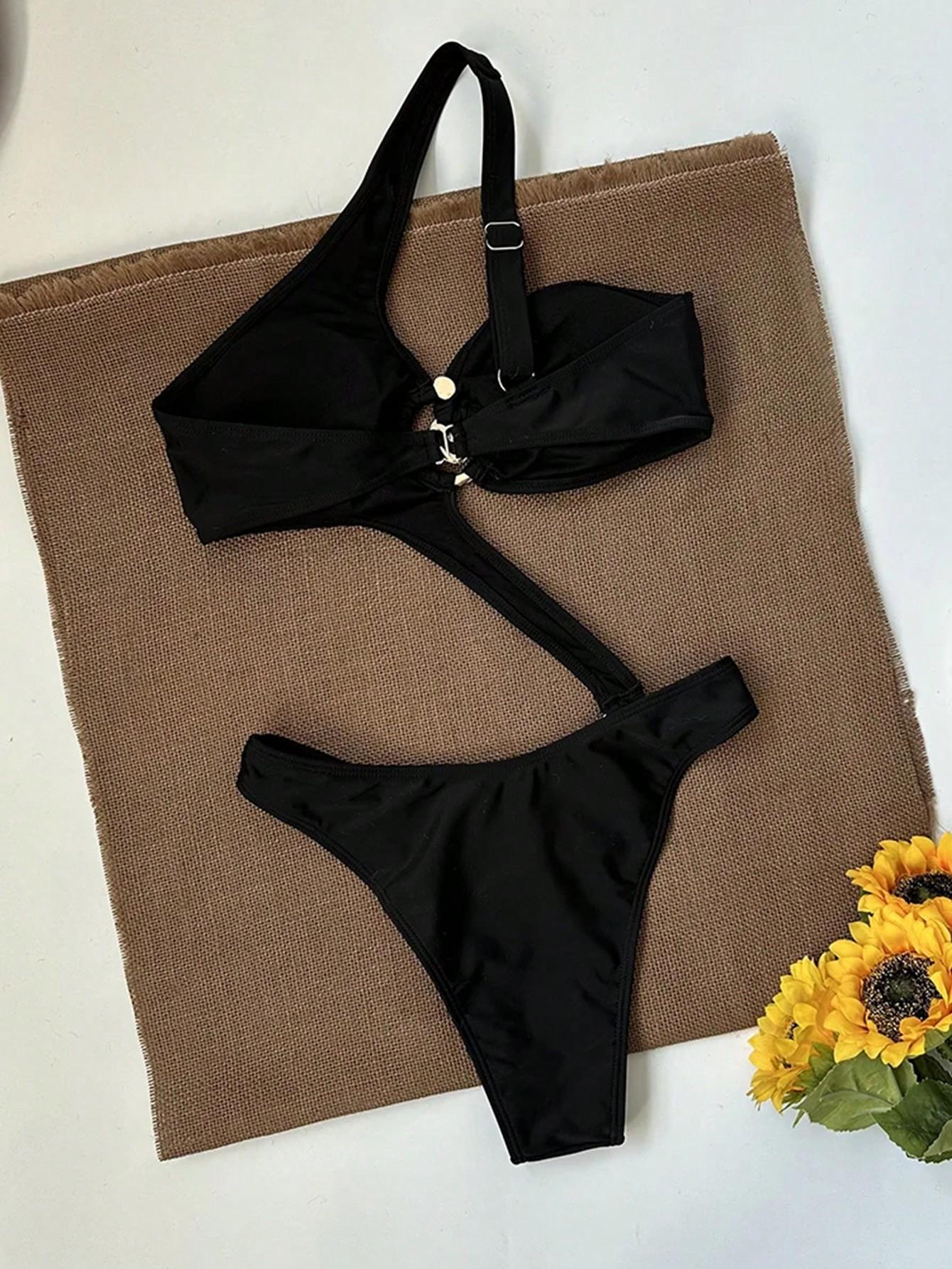 SHEIN CZARNY JEDNOCZĘŚCIOWY STRÓJ KĄPIELOWY ASYMETRIA S09__XS