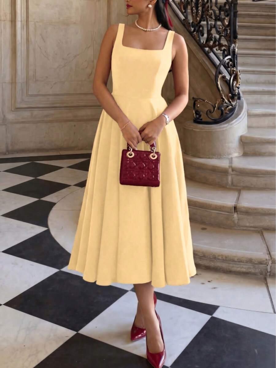 SHEIN ŻÓŁTA ROZKLOSZOWANA SUKIENKA ODKRYTE PLECY PK01__M