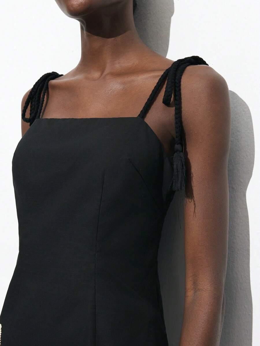 SHEIN CZARNA MINI SUKIENKA HAFT ZDOBIENIE WIĄZANIE FRĘDZLE S06__L