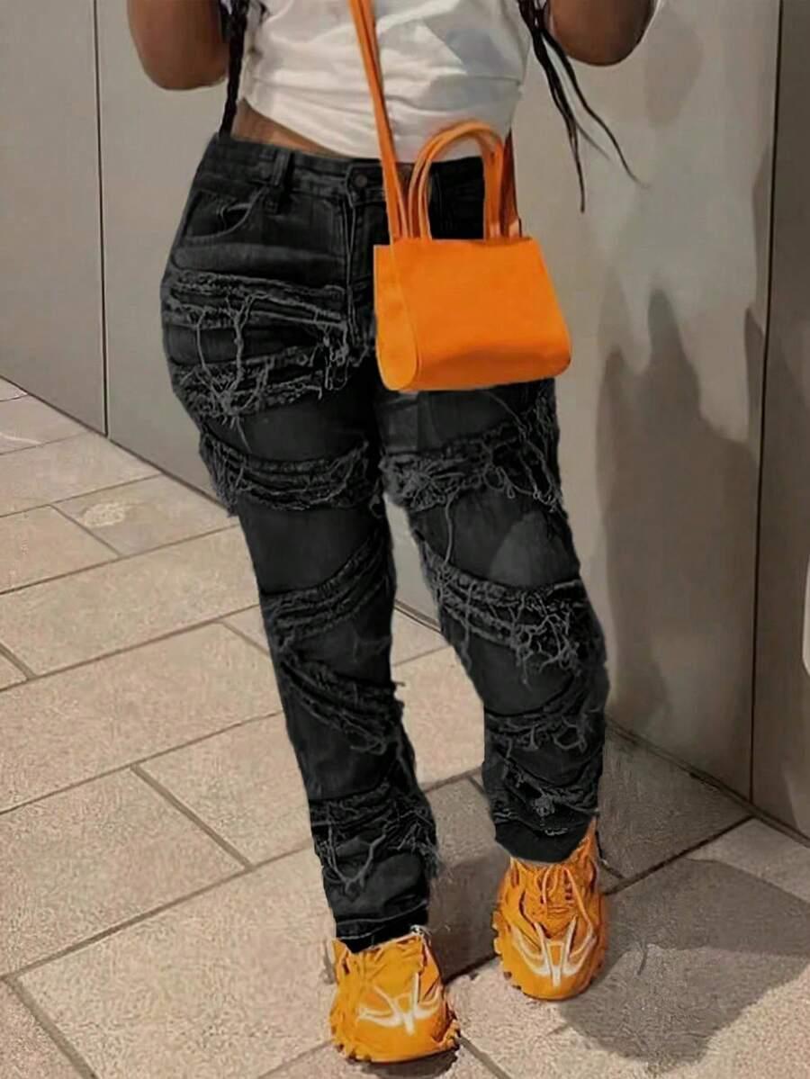 SHEIN CZARNE SPODNIE JEANS PRZETARCIA FRĘDZLE S06__XXL