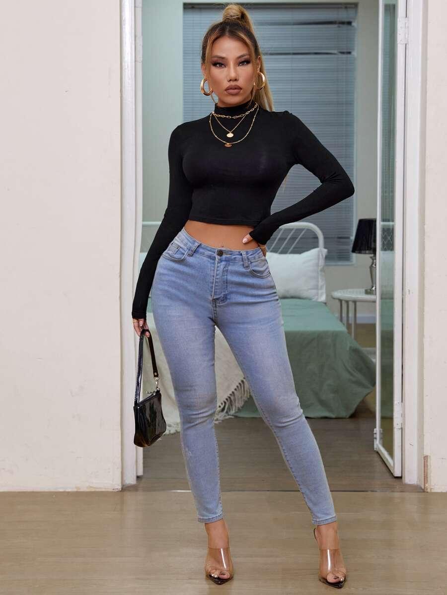 SHEIN CZARNY TOP ODKRYTE PLECY DŁUGI RĘKAW S06__S