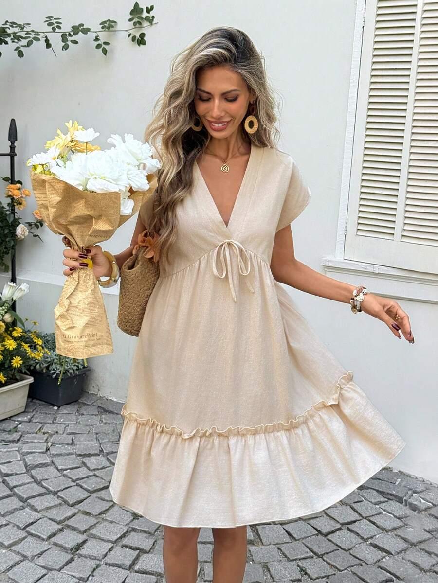 SHEIN BEŻOWA SUKIENKA DEKOLT V S06__M
