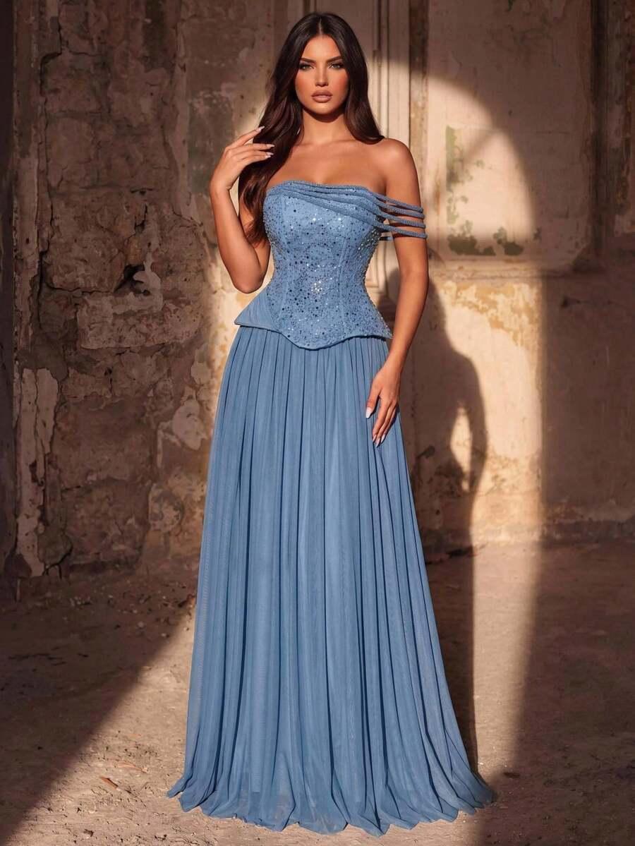 GLAMRAE NIEBIESKA MAXI SUKIENKA CEKINY S09__M