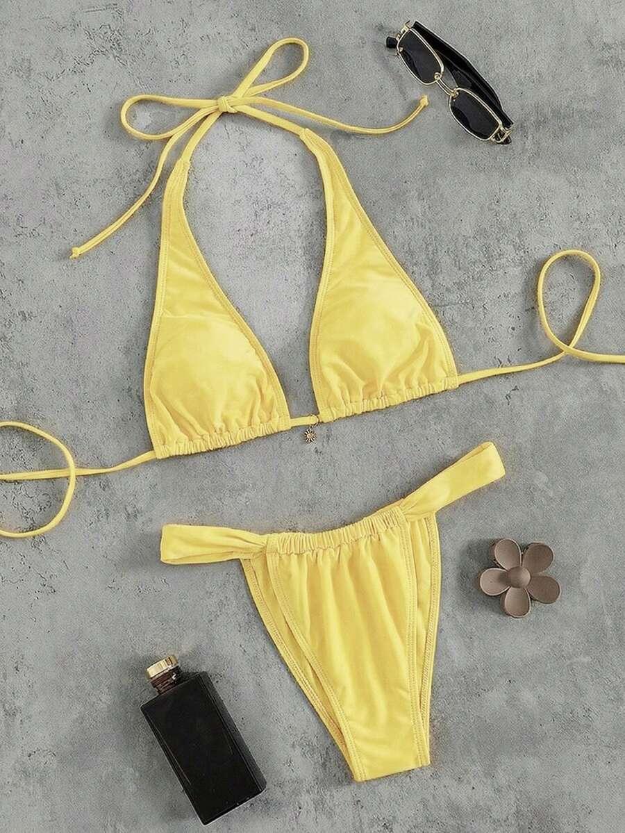 SHEIN ŻÓŁTY KOMPLET BIKINI ZDOBIENIE S09__XL