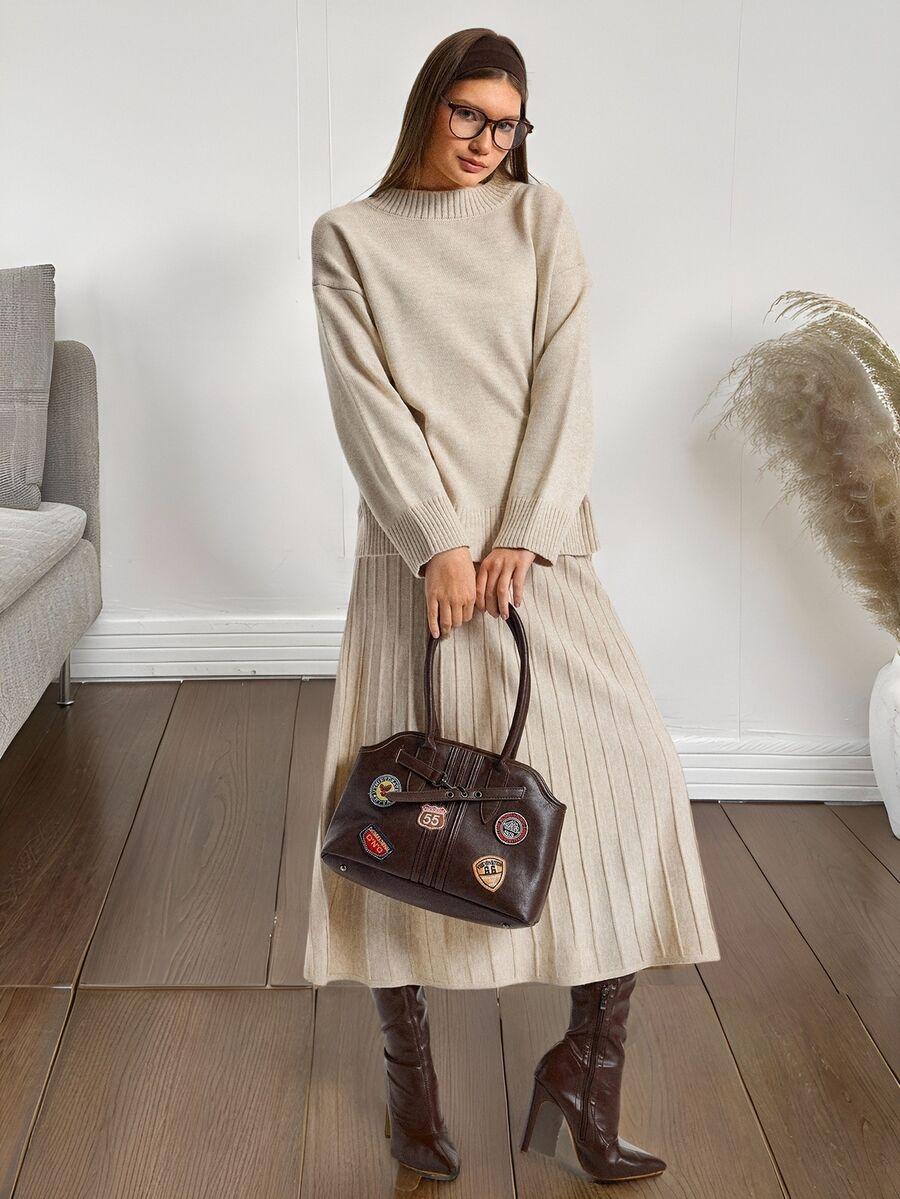 SHEIN BEŻOWY KOMPLET SWETER SPÓDNICA PK01__L