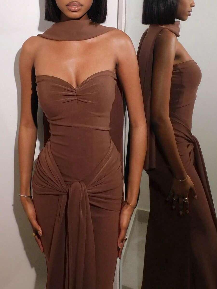 SHEIN BRĄZOWA MAXI SUKIENKA S06__S