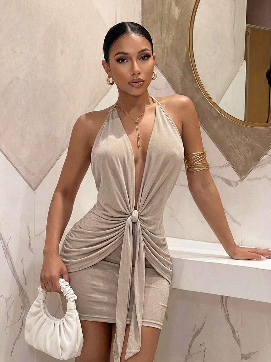 SLAYDIVA BEŻOWA MINI SUKIENKA MARSZCZENIA S06__M