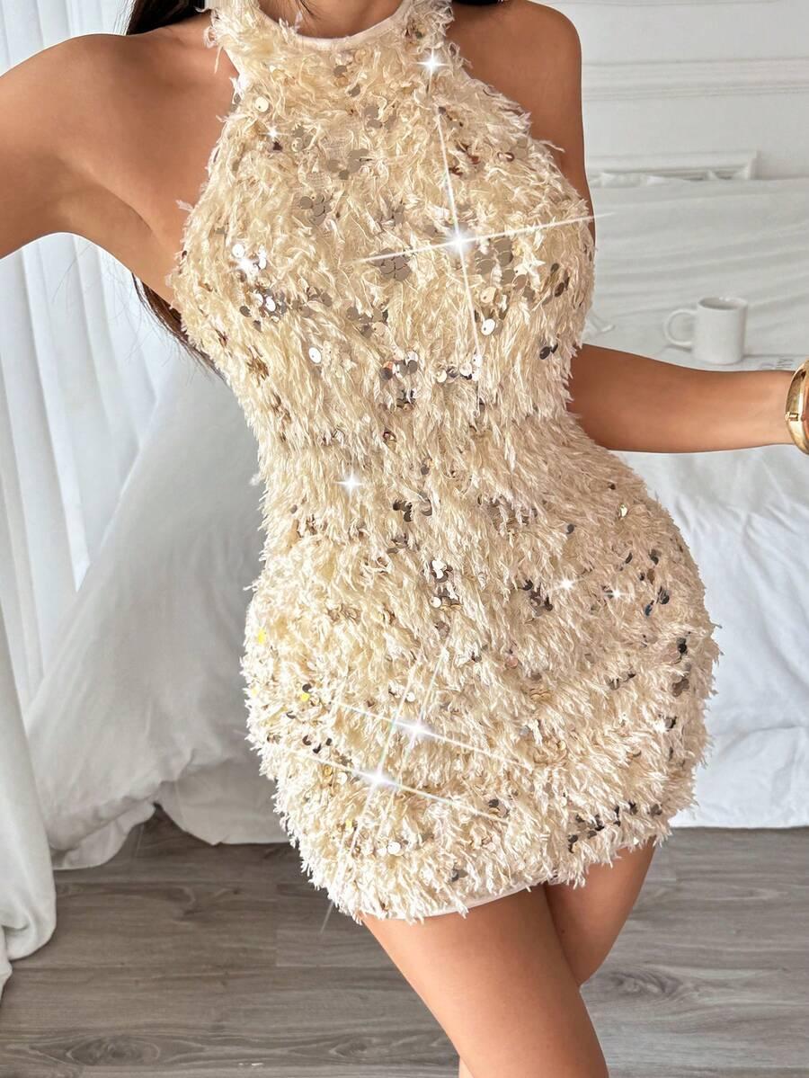 SHEIN KREMOWA MINI SUKIENKA PIÓRA CEKINY ODKRYTE PLECY S06__S