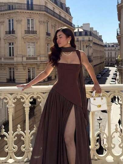 SHEIN BRĄZOWA MAXI SUKIENKA S06__S