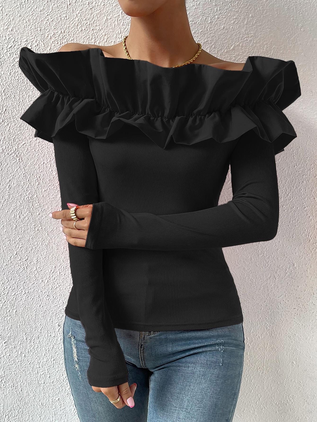SHEIN CZARNA BLUZKA PRĄŻKI FALBANA S06__S