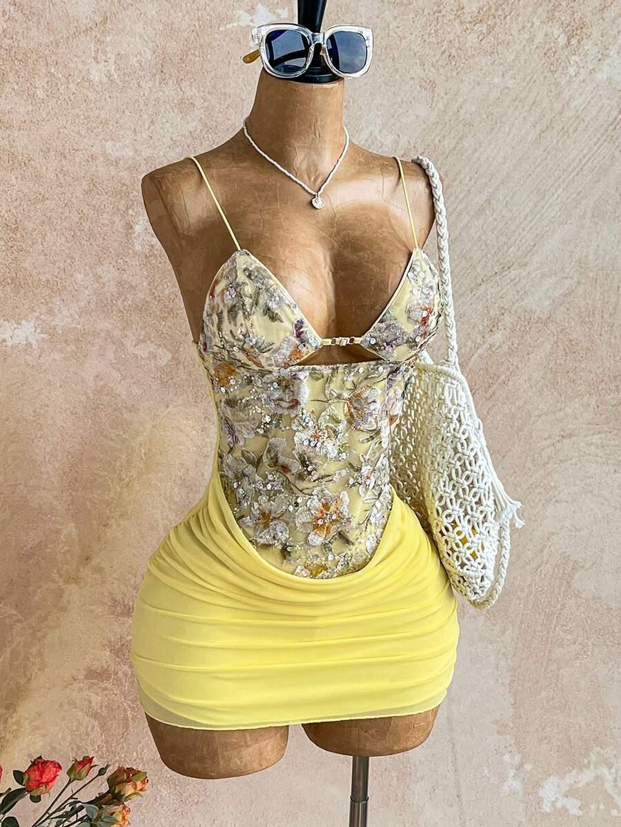 SOLEIA ŻÓŁTA MINI SUKIENKA ZDOBIENIE S09__S