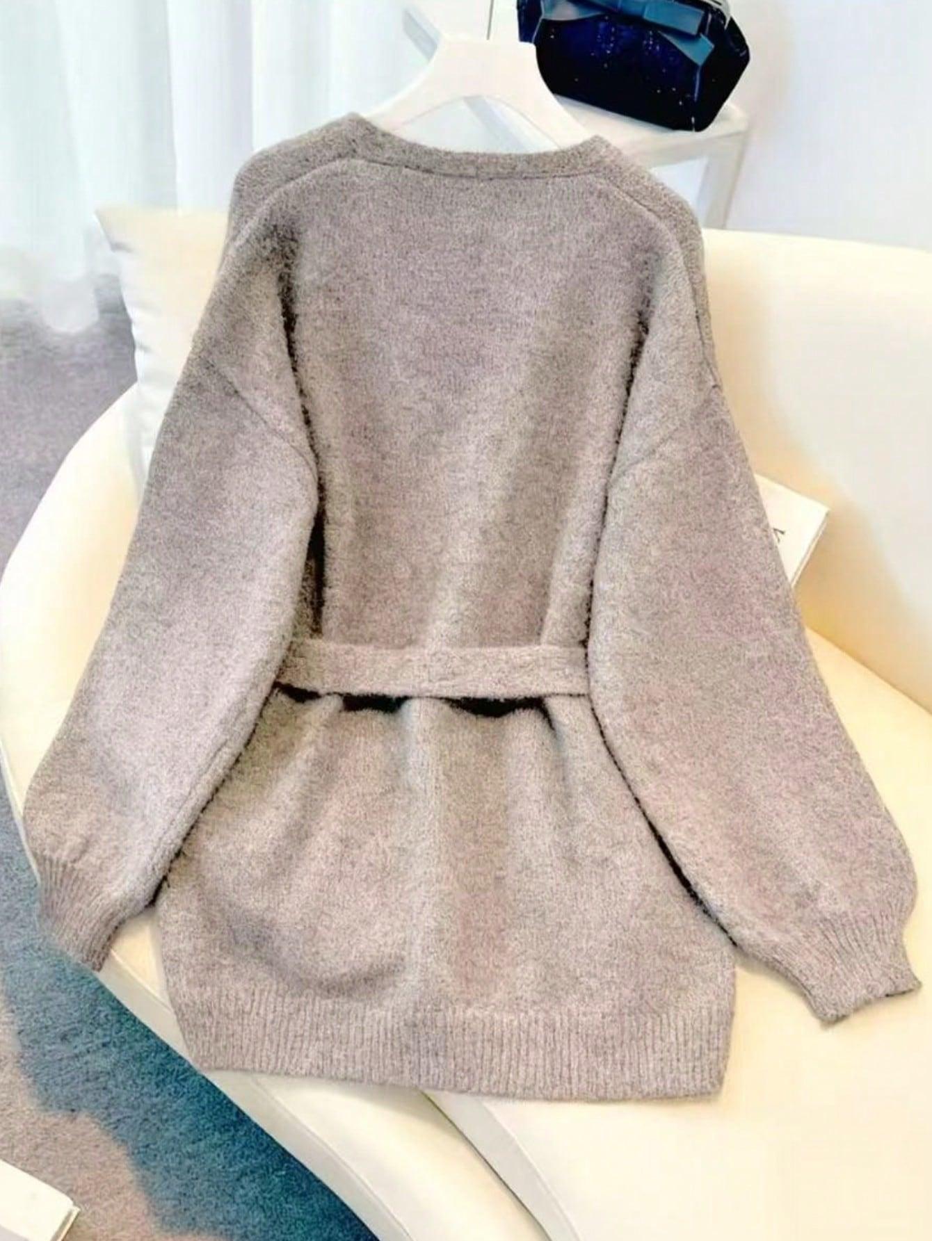 SHEIN BEŻOWY SWETER WIĄZANIE S06__L