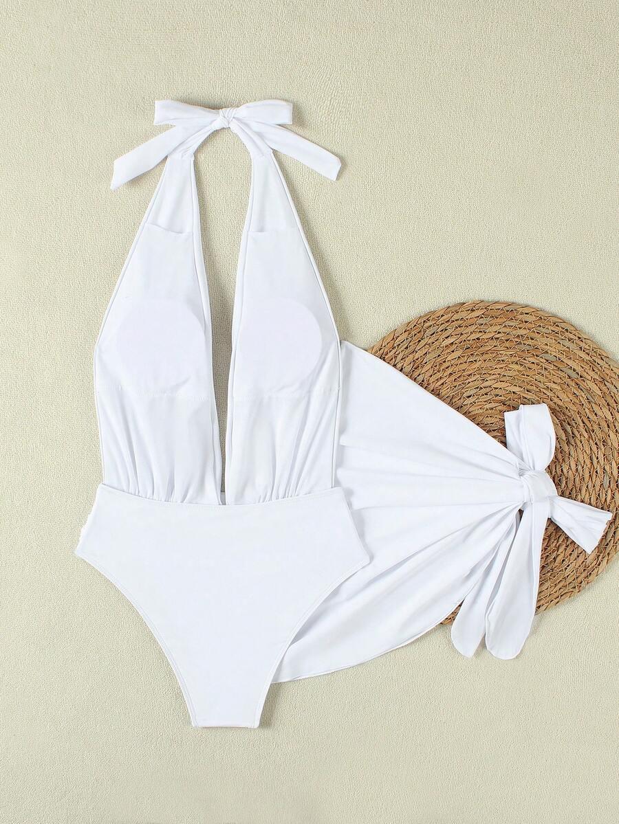 SHEIN BIAŁY JEDNOCZĘŚCIOWY STRÓJ KĄPIELOWY PAREO S09__M