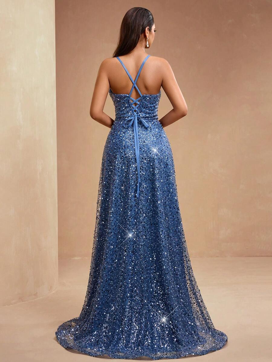 SHEIN NIEBIESKA MAXI SUKIENKA ZDOBIENIE CEKINY S06__L