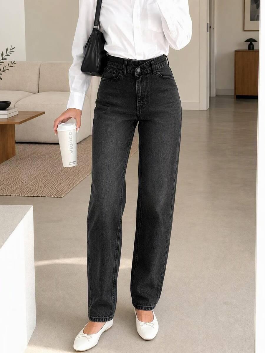 EURMUSE CZARNE SPODNIE JEANS PROSTA NOGAWKA PRZETARCIA S06__L