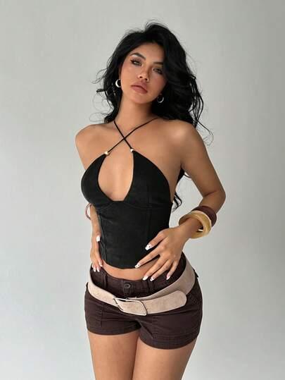 SHEIN CZARNY TOP NA RAMIĄCZKACH S09__XS