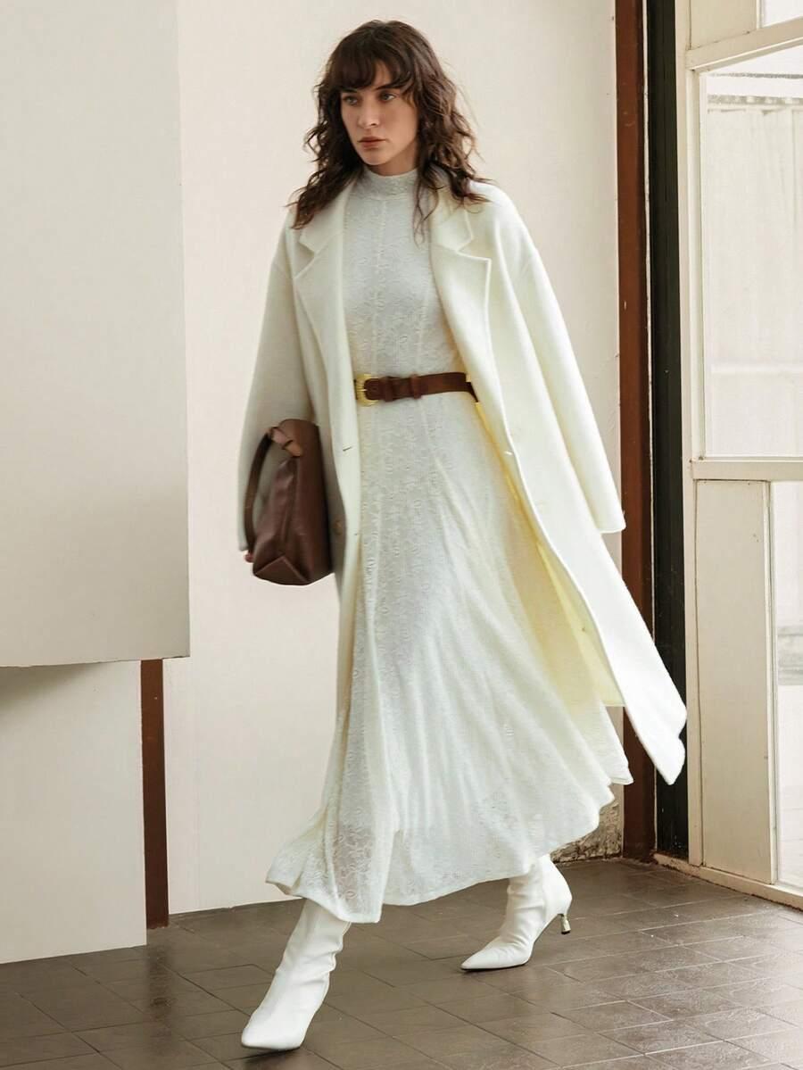 SHEIN ECRU WEŁNIANY PŁASZCZ GUZIKI W01__S