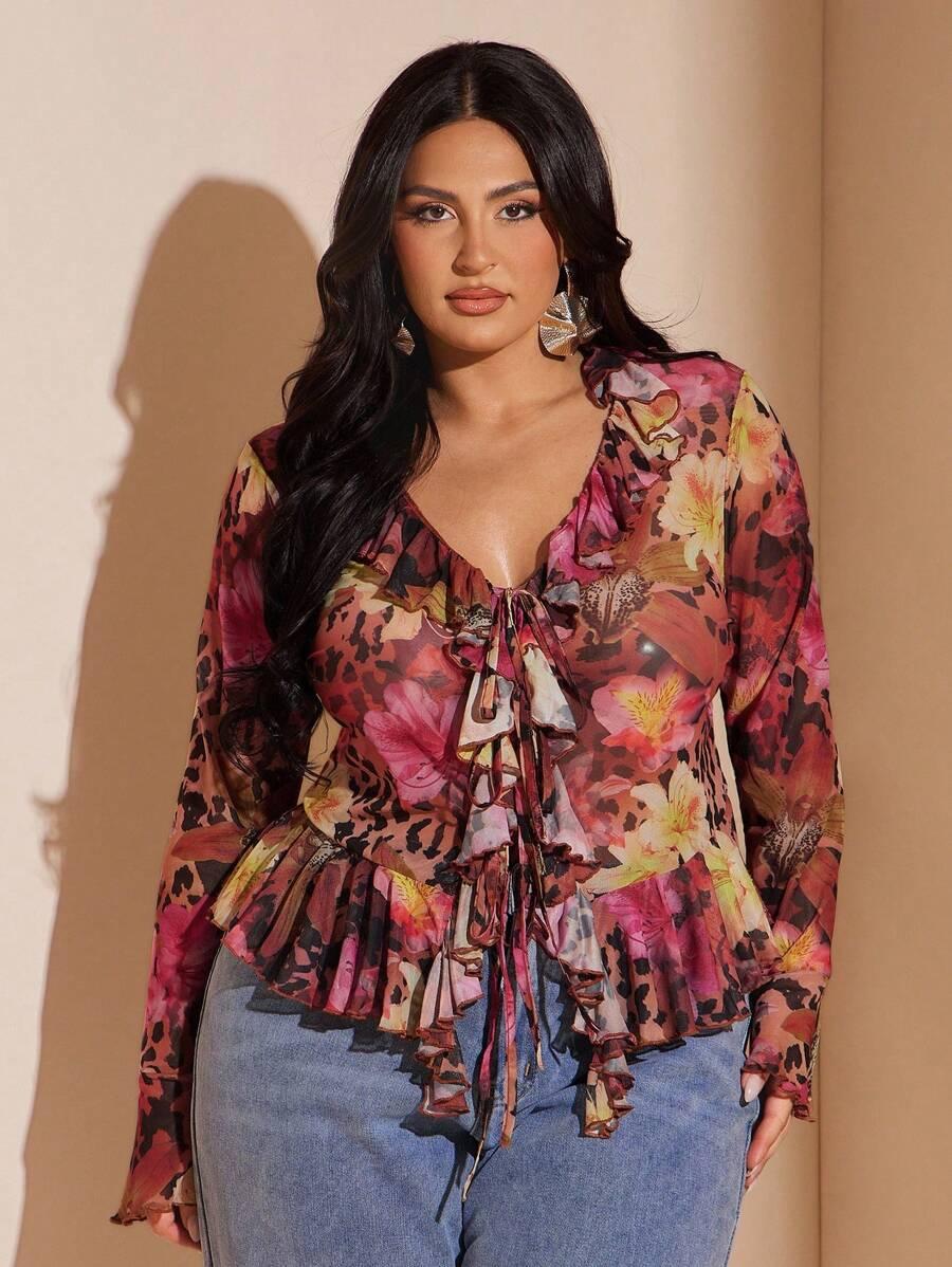 SHEIN BLUZKA FALBANY PRINT WIĄZANIE PK01__46