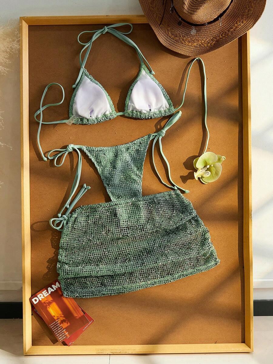 SHEIN ZIELONY TRZYCZĘŚCIOWY STRÓJ KĄPIELOWY S09__L
