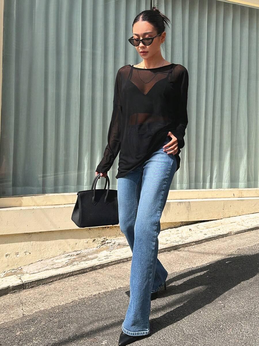 SHEIN CZARNA BLUZKA SIATECZKA S06__M