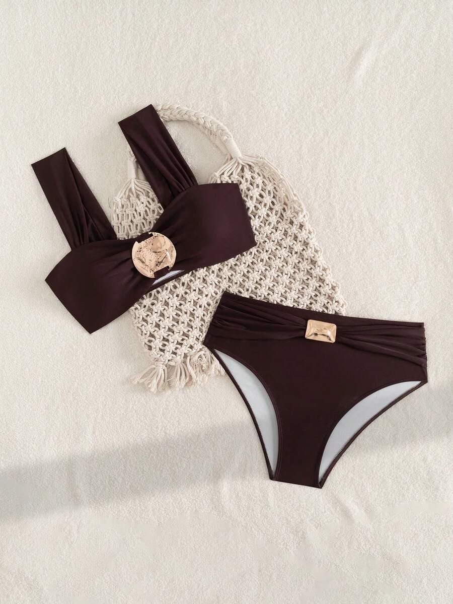 SHEIN BRĄZOWY DWUCZĘŚCIOWY STRÓJ KĄPIELOWI S09__L
