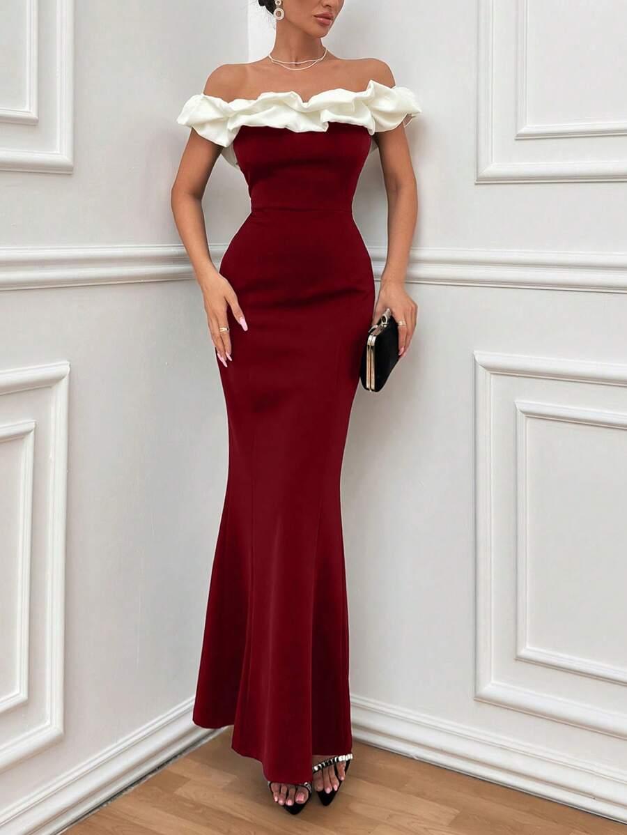 SHEIN MAXI SUKIENKA ODKRYTE RAMIONA KONTRAST