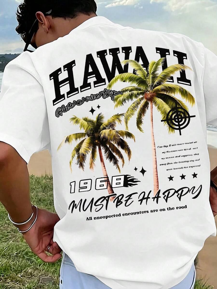 MANFINITY BIAŁY T-SHIRT OKRĄGŁY DEKOLT NADRUK HAWAII PK01__XL