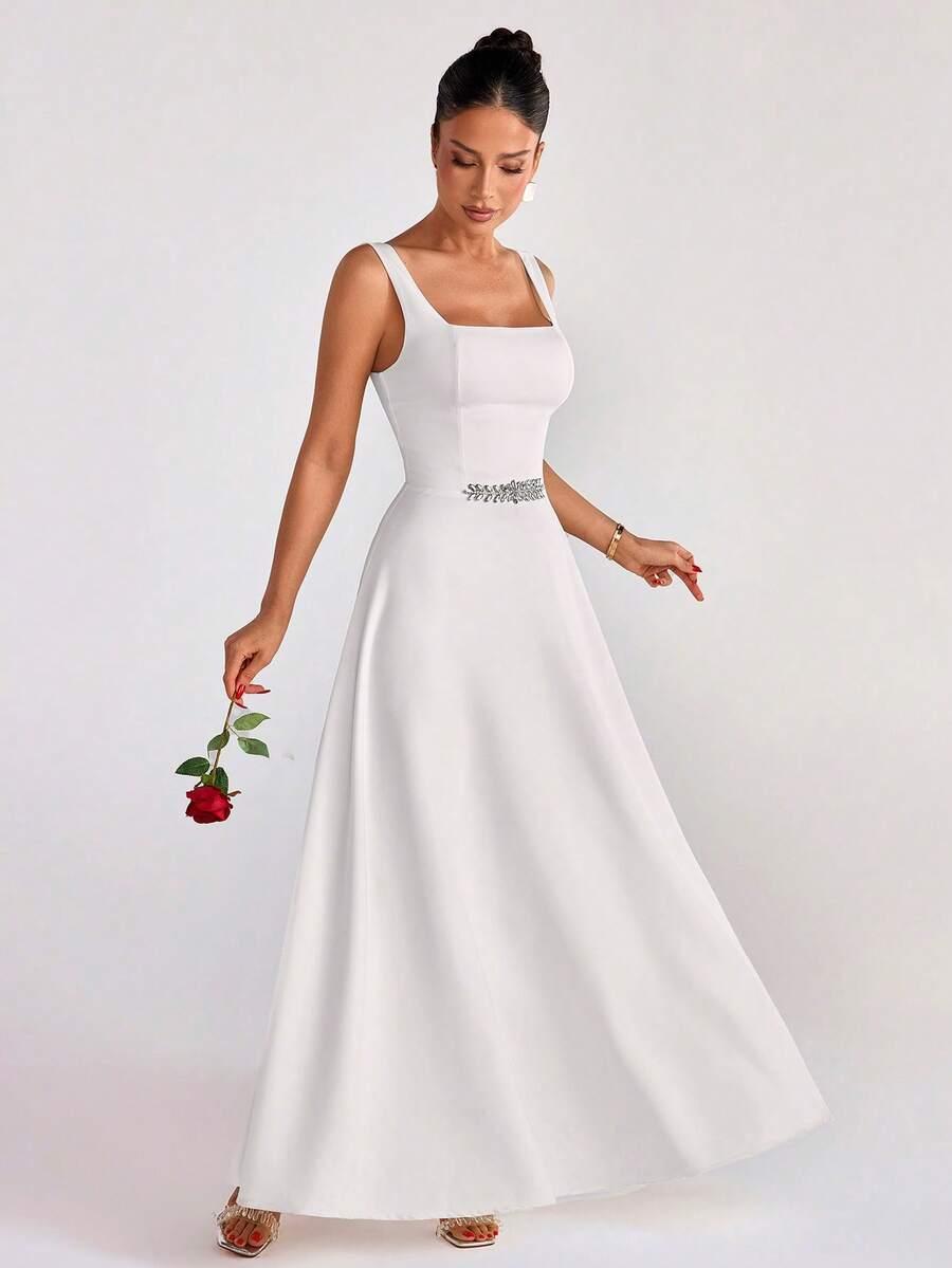 DELIZIA COLECTION BIAŁA MAXI SUKIENKA BEZ RĘKAWÓW ZDOBIENIE S06__M