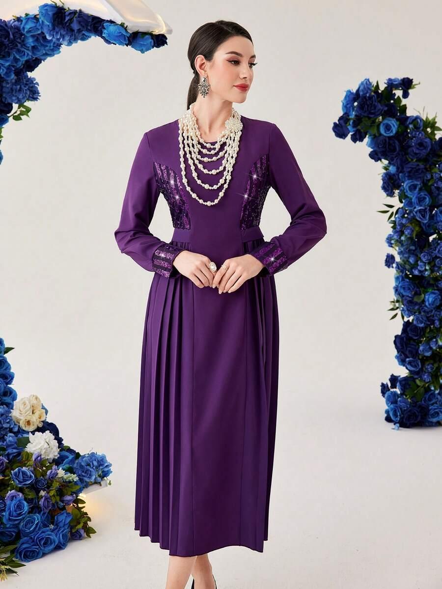 SHEIN FIOLETOWA SUKIENKA DŁUGI RĘKAW WSTAWKI CEKINY PLISY PK01__L